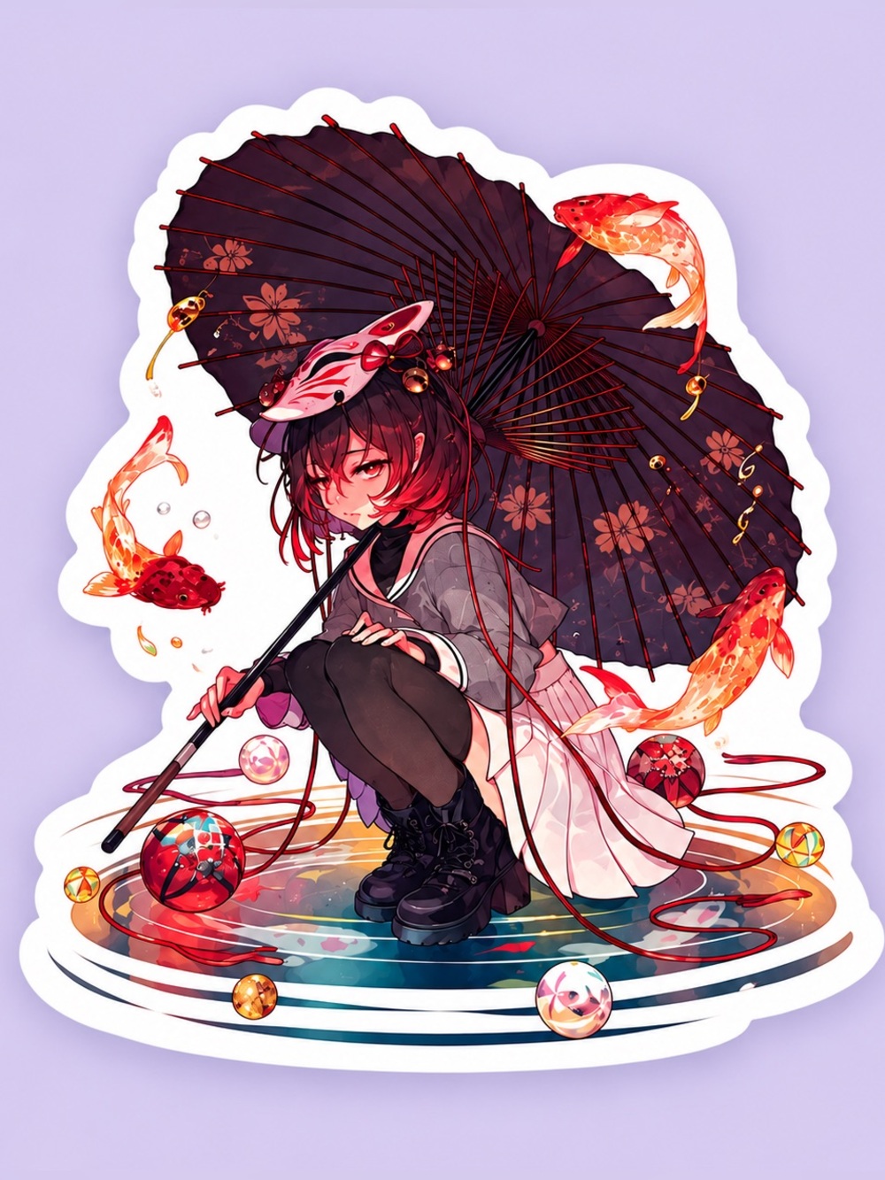 Anime Koi Girl Sticker | Japanese Umbrella Vinyl Decal